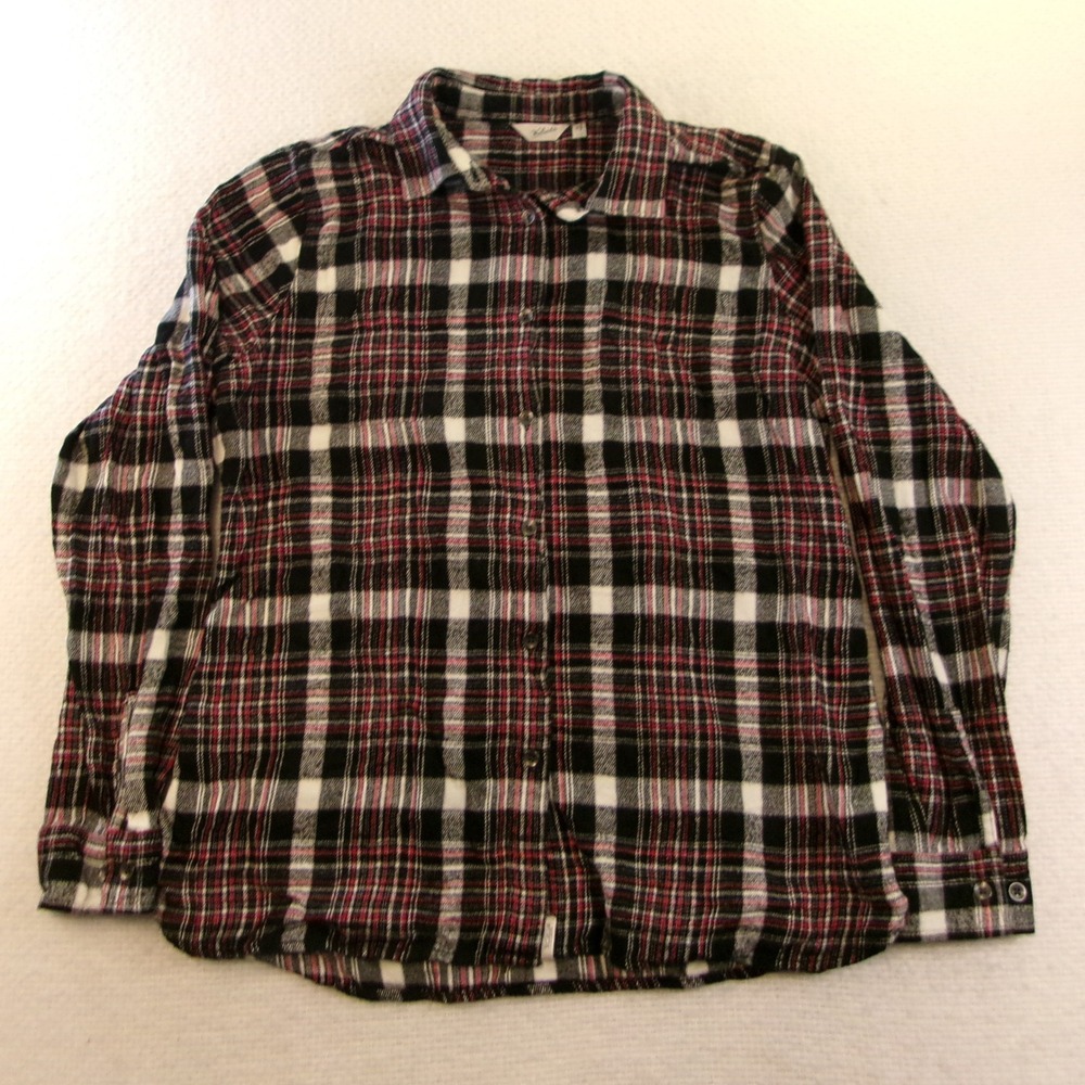 Woolrich Womens Large Shirt Red Black White Plaid Flannel Cotton Long Sleeve